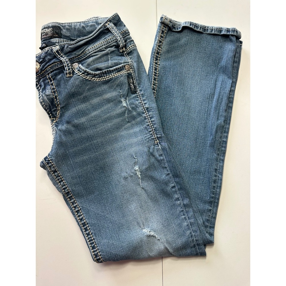Silver Jeans Co Suki Mid Slim Bootcut Jeans W28 L31 Distressed Medium Wash Denim